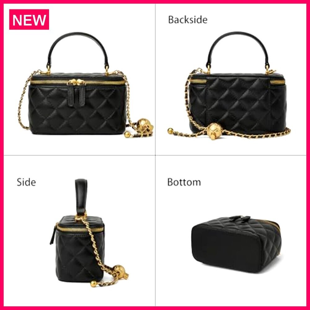 Small Quilted Leather Crossbody Bag with Chain Strap Mini Top Handle Pouch - Picture 5 of 8